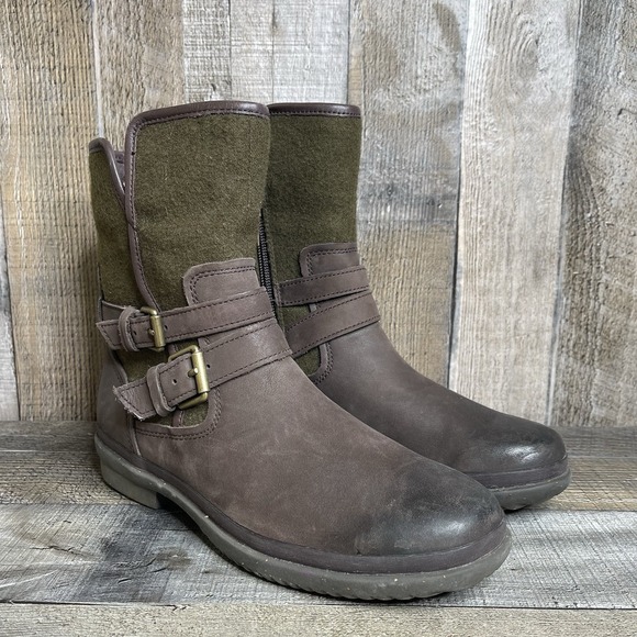Womens Ugg Australia Simmens Brown Leather Mid Buckle Boots Booties Size 7 M - Picture 1 of 8